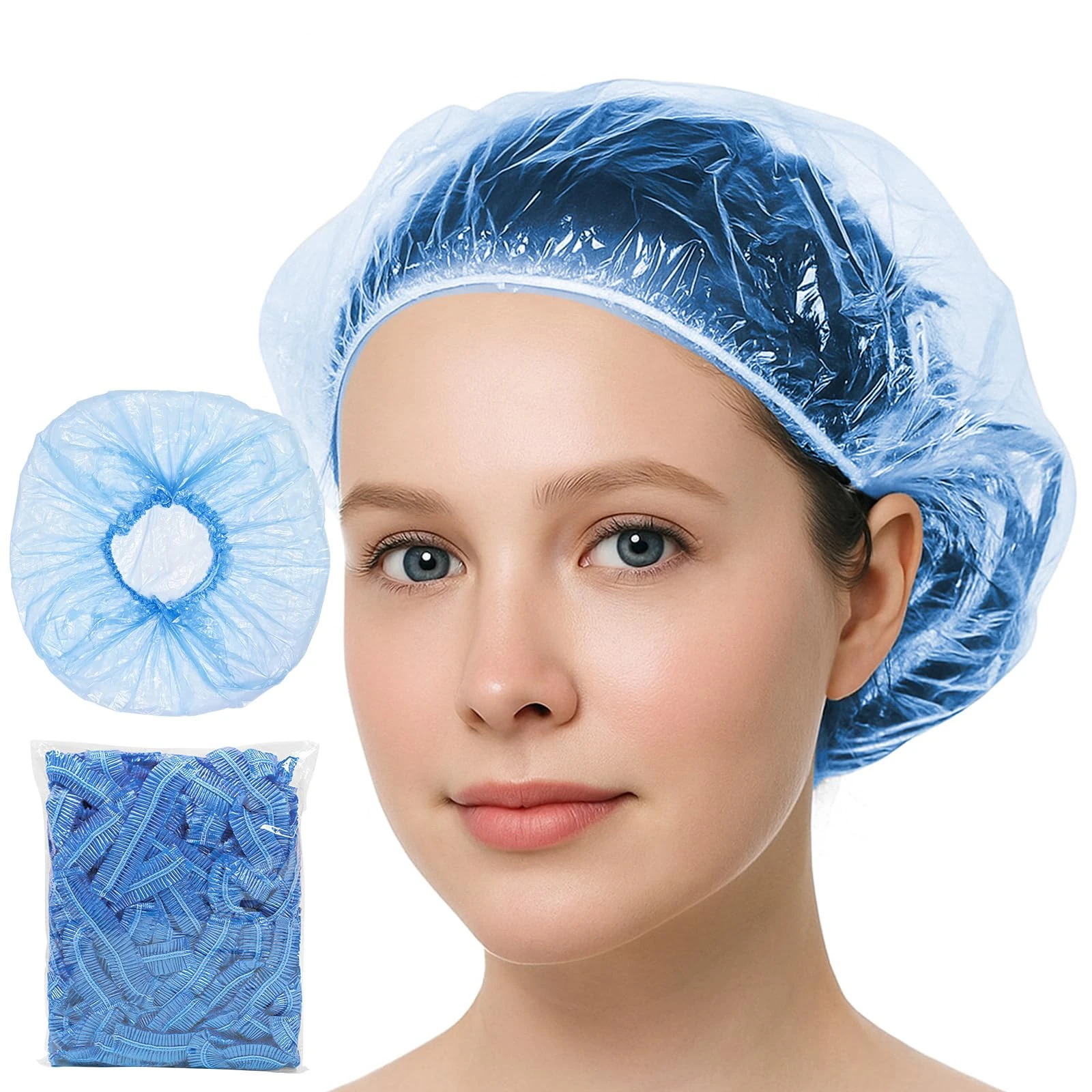 100PCS Disposable Shower Caps,Waterproof Hair Caps,Multi-Purpose Thickened Plastic Elastic Bath Caps for Women, Home Use,Hair Salon, Spa, Travel, Hotel, Shower（Blue）