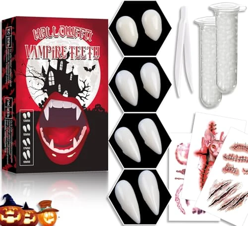 10 Piece Vampire Teeth Set,4 Sizes Vampire Fangs,Fake Fangs Vampire Teeth Adult with 2 Tube Teeth Pellets Adhesive,For Cosplay Party Props Halloween Horror Party Fangs.