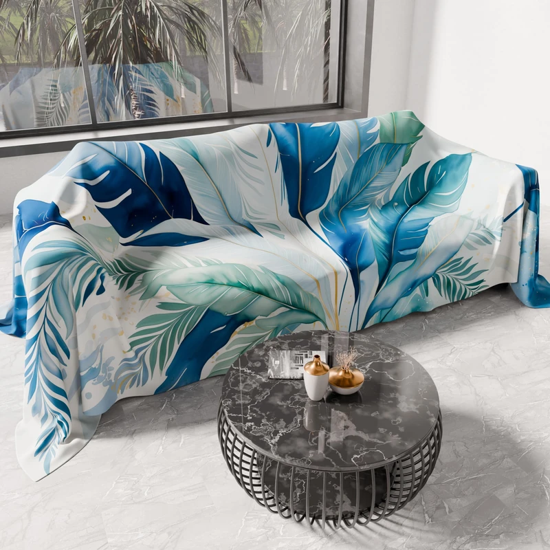 PETTI Artigiani Italia - Microfiber Sofa Cover, 400x270 cm, Blue Palm Pattern | Multipurpose for Sofas, Bedspreads, and Table Covers | Washable Protective Cover