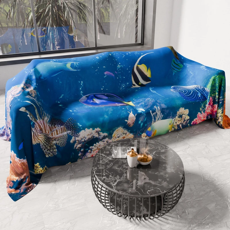 PETTI Artigiani Italiani - Microfibre Sofa Cover 500 x 270 cm, Aquarium Design | Multipurpose for Sofas, Bedspreads and Table Covers | Washable Protective Cover