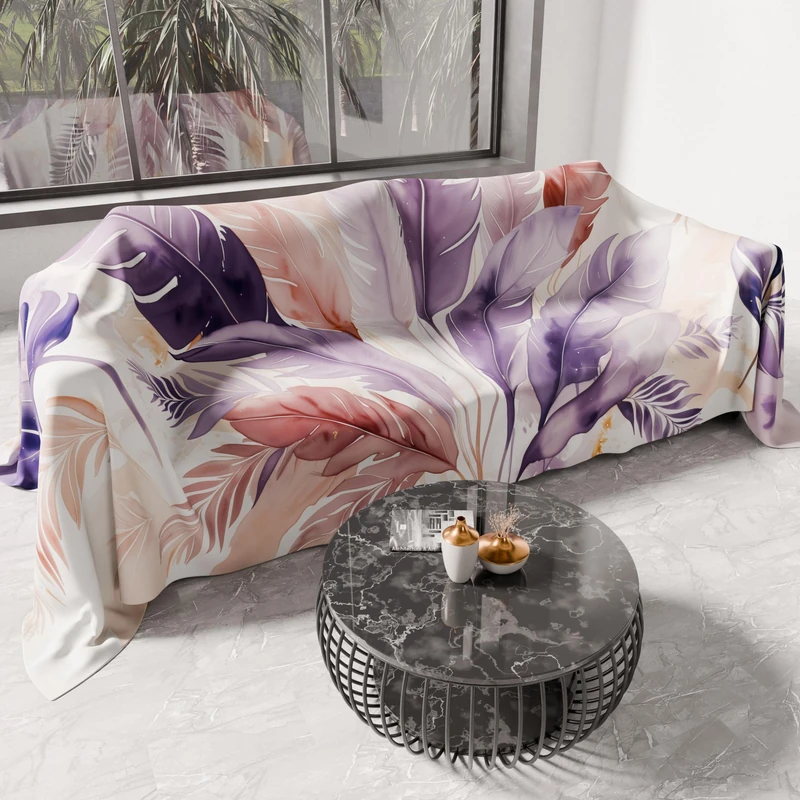PETTI Artigiani Italia - Microfiber Sofa Cover, 400x270 cm, Lilac Palm Tree Pattern | Multipurpose for Sofas, Bedspreads, and Table Covers | Washable Protective Cover