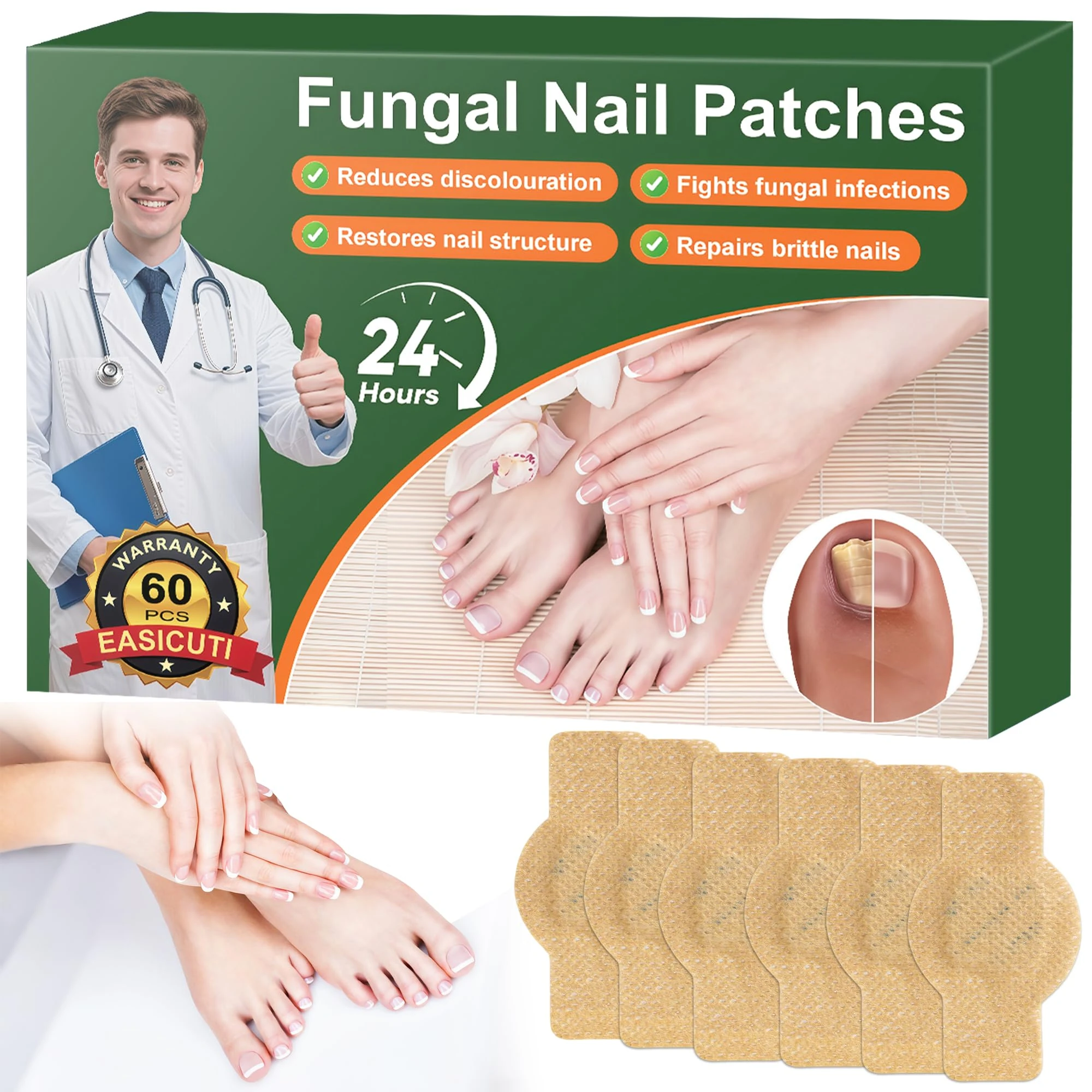 EASICUTI Fungal Nail Patches, 60 PCS Toenail Fungus Treatment Extra Strong, Overnight Nail Repair for Damaged Nails Restores Healthy Appearance of Discoloration, Ingrown & Thickening Toe Nails