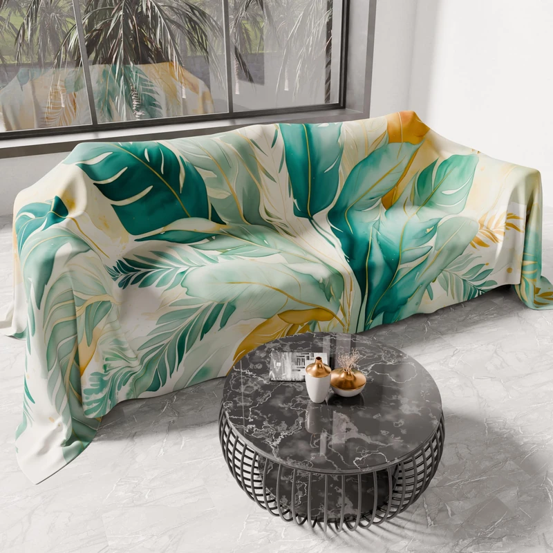 PETTI Artigiani Italia - Microfiber Sofa Cover, 300x270 cm, Teal Palm Tree Pattern | Multipurpose for Sofas, Bedspreads, and Table Covers | Washable Protective Cover