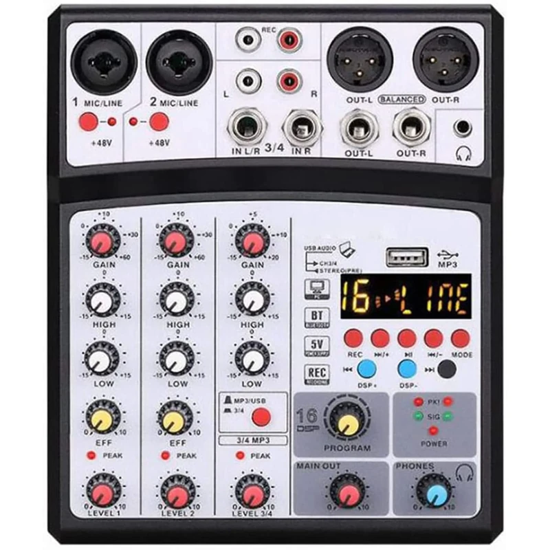 4 Channel Audio Sound Mixer, DJ Controllers, 16 DSP Effects Studio Mixing Desks, Console USB Interface