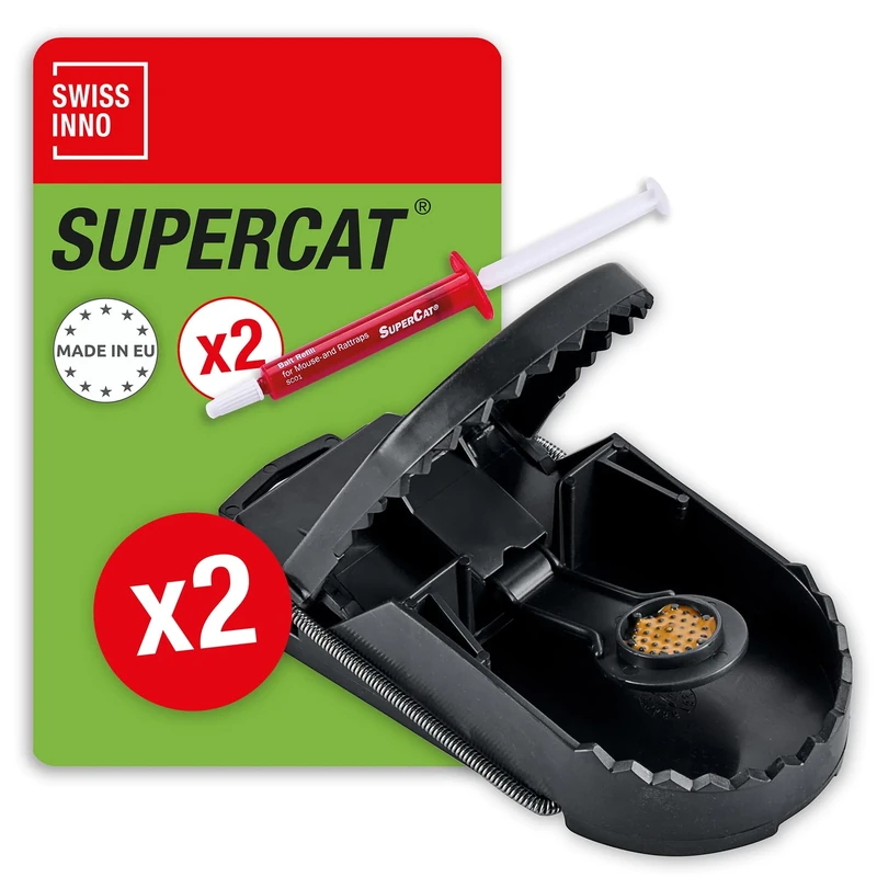 SWISSINNO Large Rat Trap SuperCat - Rat Traps That Kill Instantly - Reusable catcher with peanut butter bait - Indoor and outdoor use - Strong, hygienic and ready to use - 2 Units + 2 Bait syringes - Image 1