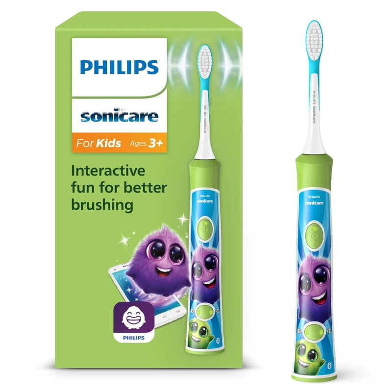 Philips Sonicare for Kids, Sonic Electric Toothbrush with App, for Kids Age 3+, with SmarTimer and QuadPacer for a Thorough Clean, Green, Model HX6352/11