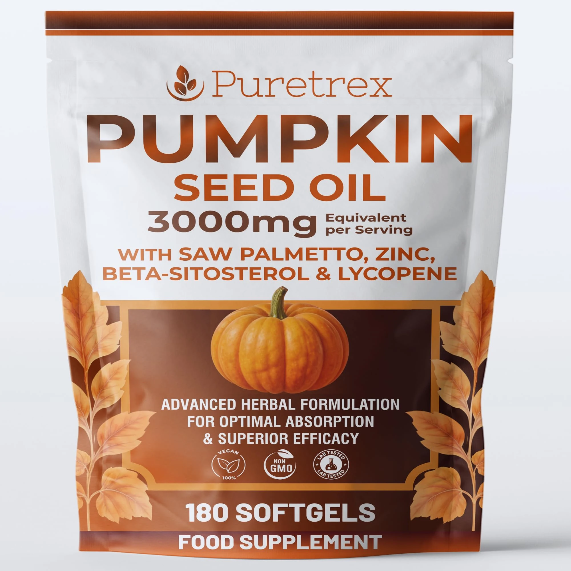 Pumpkin Seed Oil Complex 3000mg with Zinc, Beta-Sitosterol & Lycopene – 180 Vegan Softgels – Hair, Prostate & Hormonal Support – Made in UK, Lab Tested