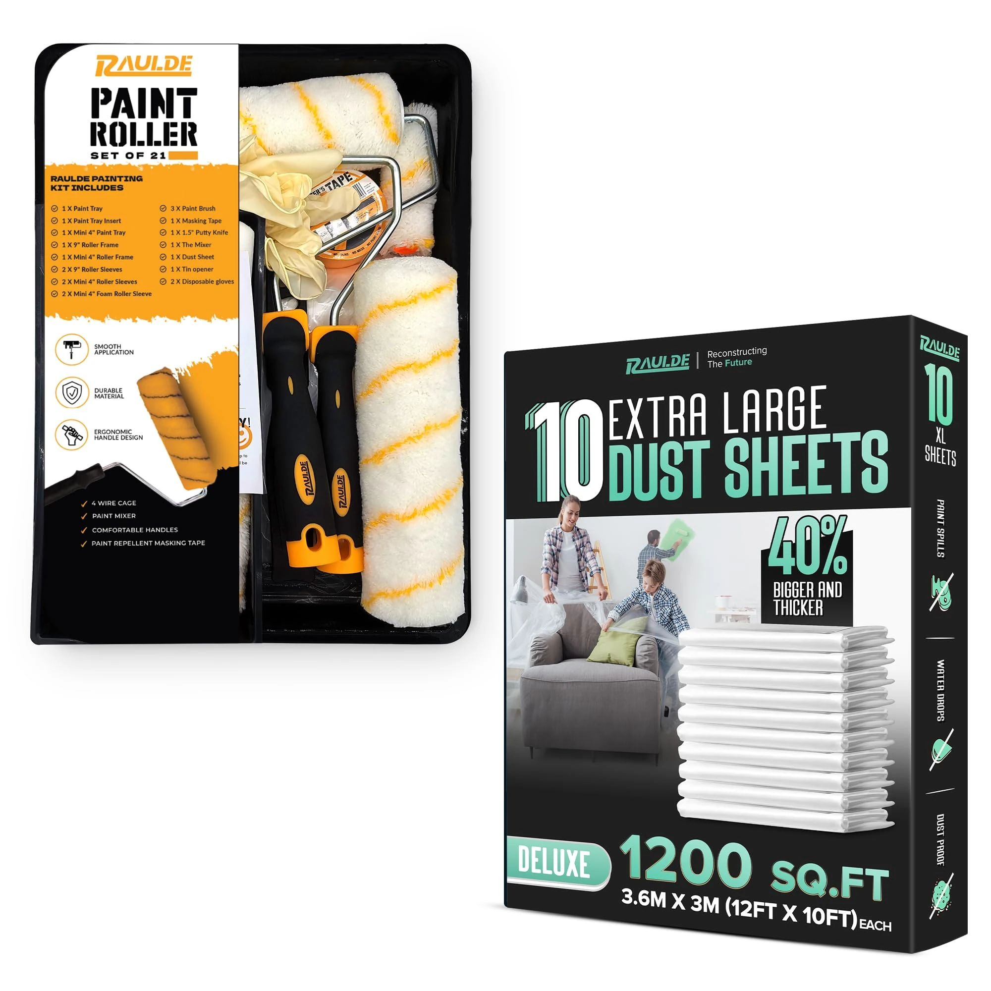 21 Pcs Paint Roller Set with 10x Large Dust Sheets – Complete Painting Kit with Rollers, Brushes, Trays, Masking Tape & Plastic Sheets for Walls, Ceilings & Furniture Protection