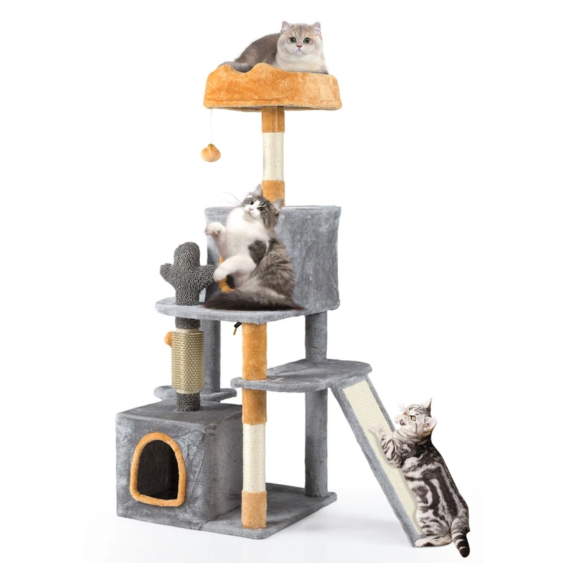 GYMAX Cat Tree for Indoor Cats, 128cm Tall Multi-Level Kitty Tower with 2 Condos, Plush Perch, Sisal Scratching Posts, Self Groomer, Dangling & Spring Balls, Modern Pet Furniture Activity Center