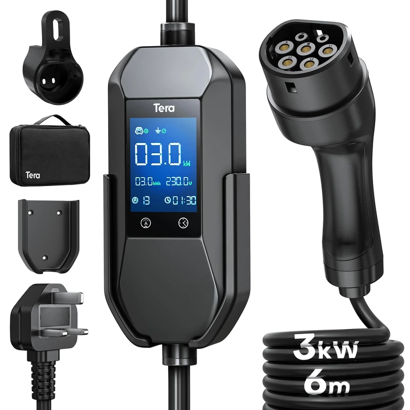 Tera EV Charger 3 Pin Plug: 6M 3kW Type 2 Charging Cable 6-13A Portable IP66 Electric Car Charger with 2.8'' LCD Display 5H Delay Time with Cable Holder & Bag for Home Outdoor Charging P06