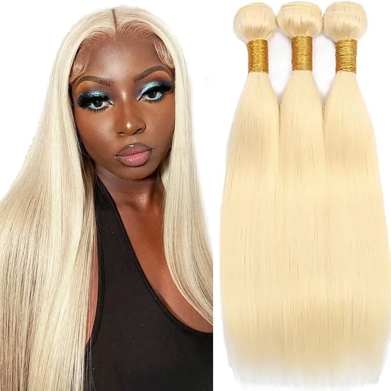 Tuheerst #613 Bleach Blonde Color Human Hair Bundles Straight Invisible Thick And Soft Clueless Virgin Human Hair Extension For Woman 3 Bundles Total 150g 16 18 20 Inch