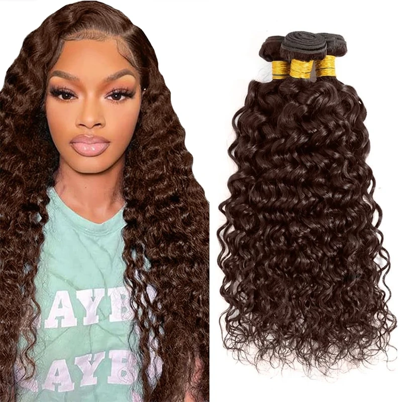 Tuheerst #4 Chocolate Brown Color Human Hair Bundles Water Wave Unprocessed Glueless Double Weft Weave Human Hair Extension For Woman 3 Bundles Total 150g 16 18 20 Inch