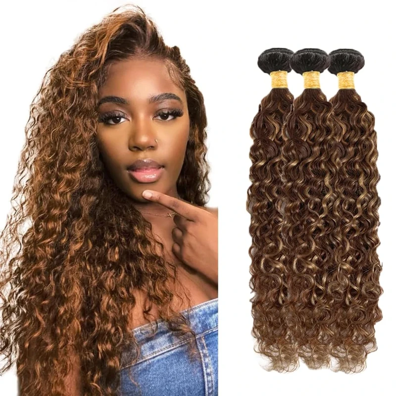 Tuheerst P4/30 Highlight Brown Color Human Hair Bundles Water Wave Double Weft Weave Invisible Virgin Human Hair Extension For Woman Bundle/50g Total 150g 16 18 20 Inch