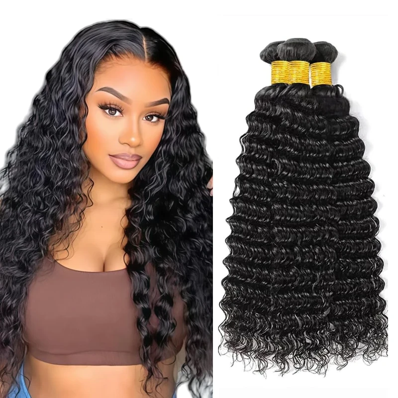 Tuheerst #1B Natural Black Color Human Hair Bundles Deep Wave Thick And Soft Clueless Unprocessed Human Hair Extension For Woman 3 Bundles Total 150g 16 18 20 Inch