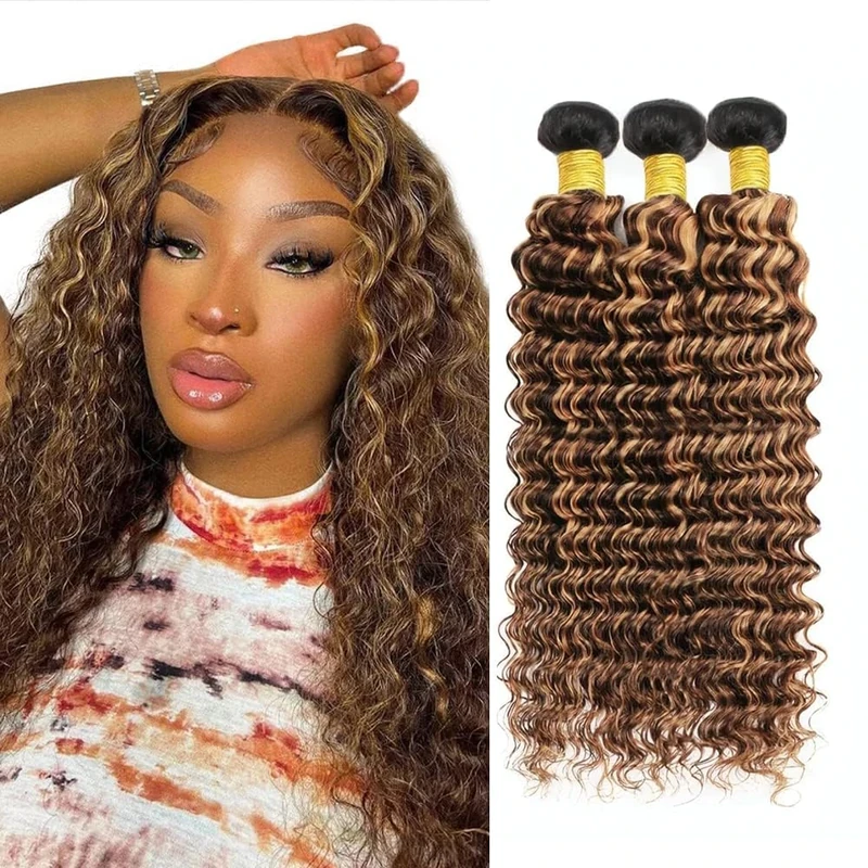 Tuheerst P4/27 Highlight Blonde Color Deep Wave Human Hair Bundles Soft Texture Unprocessed Virgin Human Hair Extension For Woman 3 Bundles Total 150g 16 18 20 Inch