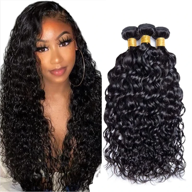 Tuheerst #1B Natural Black Color Human Hair Bundles Water Wave Double Weft Weave Soft Sliky Human Hair Extension For Woman 3 Bundles Total 150g 16 18 20 Inch