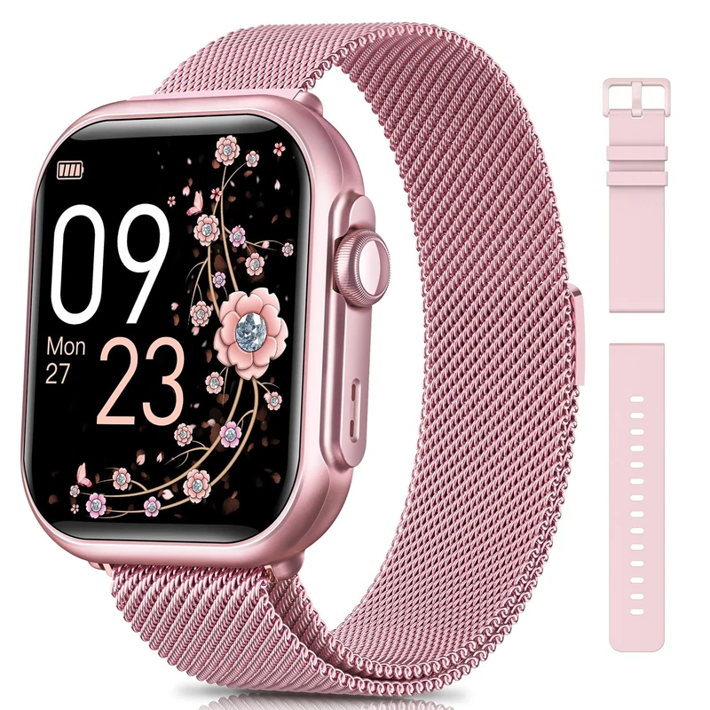 Sanorum Women's Smart Watch with 1000 mAh Battery, Autonomy 100 Days 5 ATM Women's Smartwatch with Feminine Function/Sleep/Heart Rate Monitor/Calories/Pedometer 120+Sports Modes Android iOS Pink Gift