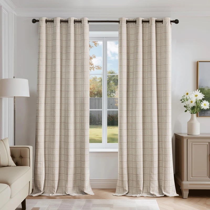 Beauoop Beige Plaid Jacquard Blackout Curtains 96 Inches Long 2 Panels for Bedroom Living Room Checkered Room Darkening Thermal Insulated Soundproof Grommet Window Treatment Drapes, 52x96 2 Set