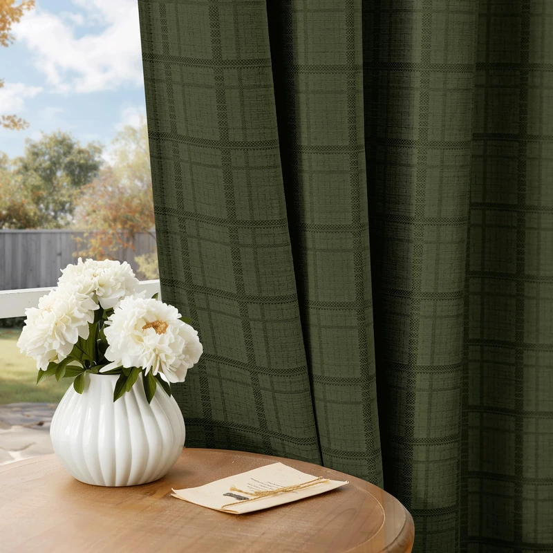 Beauoop Green Plaid Jacquard Blackout Curtains 96 Inches Long 2 Panels for Bedroom Living Room Checkered Room Darkening Thermal Insulated Soundproof Grommet Window Treatment Drapes, 52x96 2 Set