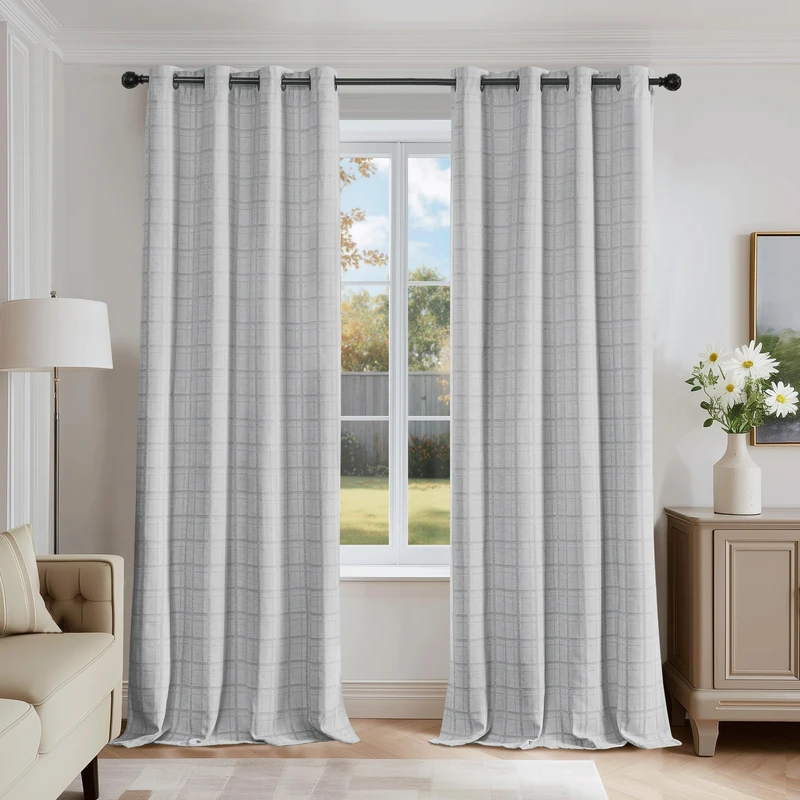 Beauoop Grey Plaid Jacquard Blackout Curtains 96 Inches Long 2 Panels for Bedroom Living Room Checkered Room Darkening Thermal Insulated Soundproof Grommet Window Treatment Drapes, 52x96 2 Set