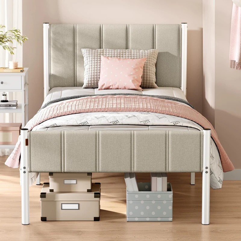 VASAGLE Single Bed Frame, 90 x 190 cm, with Upholstered Headboard, Metal Bed Frame, 250 kg Weight Capacity, Easy Assembly, Cappuccino Beige RMB971LH01
