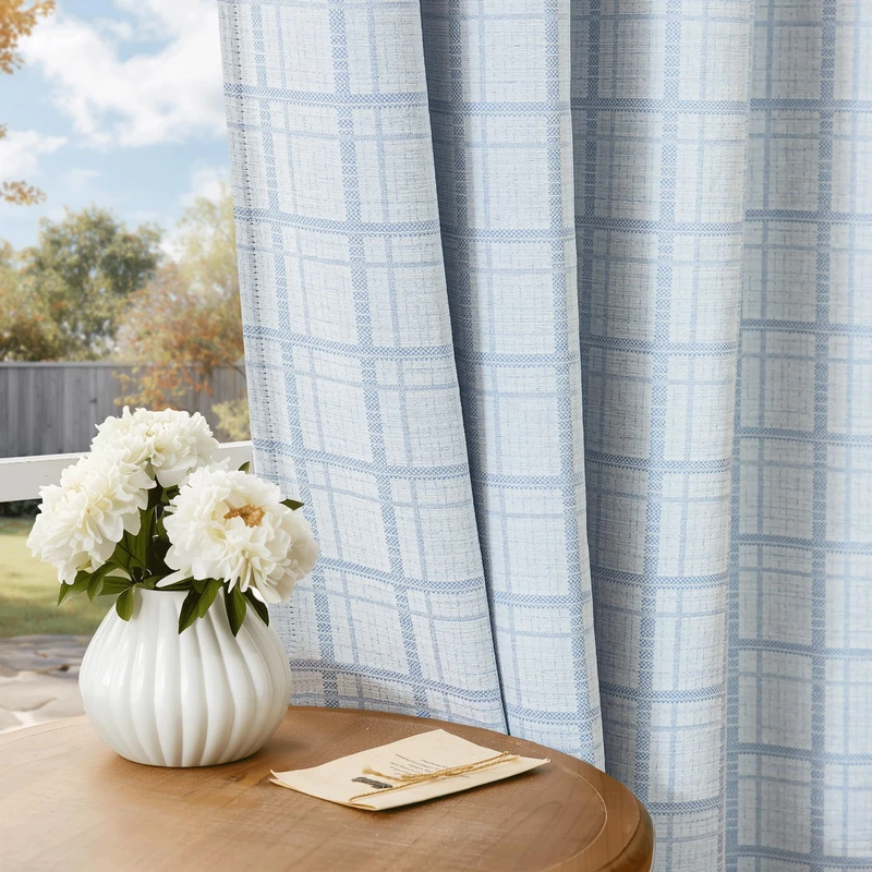 Beauoop Blue Plaid Jacquard Blackout Curtains 96 Inches Long 2 Panels for Bedroom Living Room Checkered Room Darkening Thermal Insulated Soundproof Grommet Window Treatment Drapes, 52x96 2 Set
