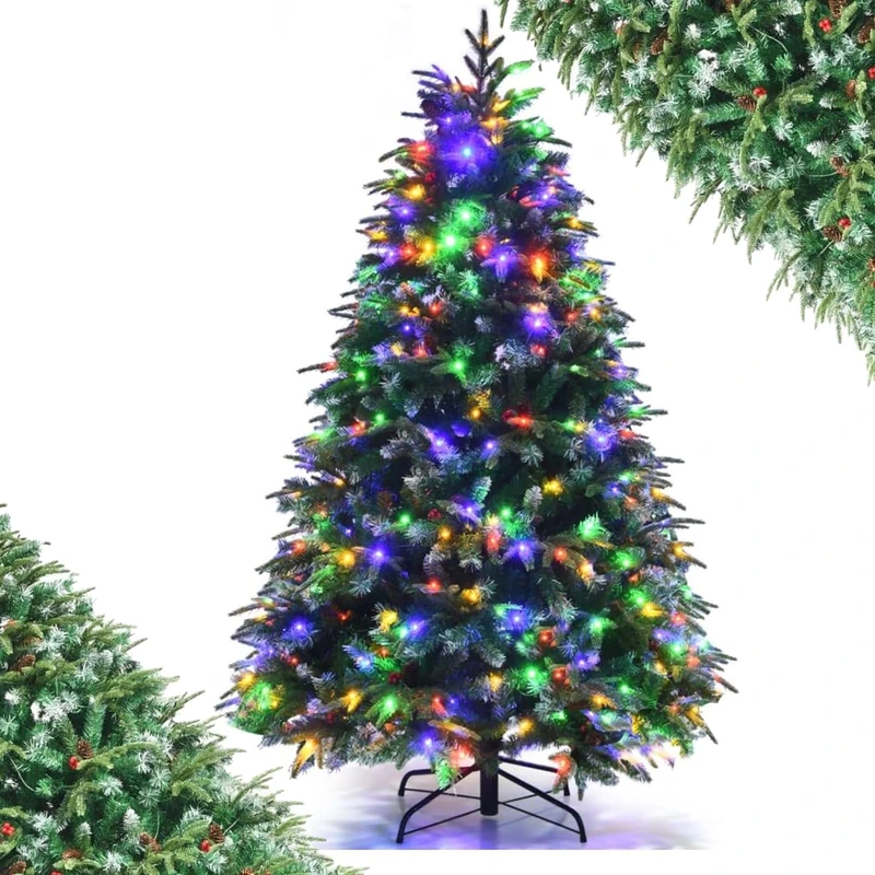 SFAREST 5FT/6FT Pre-Lit Snow Christmas Tree, Hinged Xmas Tree with 11 Flash Modes, 250/350 LED Lights, 581/899 Branch Tips, Pine Cones & Red Berries, Holiday Christmas Decorations (6FT) - Image 1
