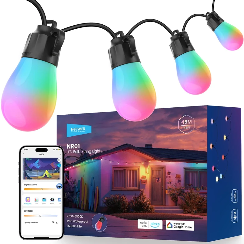 NEEWER 48ft Outdoor String Lights, App Control Smart AI RGBW Hanging Outside Patio Balcony Backyard Holiday Lighting, IP65 Waterproof, 15 LED Bulbs, 50+ Scenes, Compatible with Alexa Google, NR01