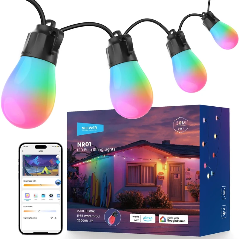 NEEWER 96ft Outdoor String Lights, App Control Smart AI RGBW Hanging Outside Warm White Patio Balcony Backyard Lighting, IP65 Waterproof, 30 LED Bulbs, 50+ Scenes, Compatible with Alexa Google, NR01