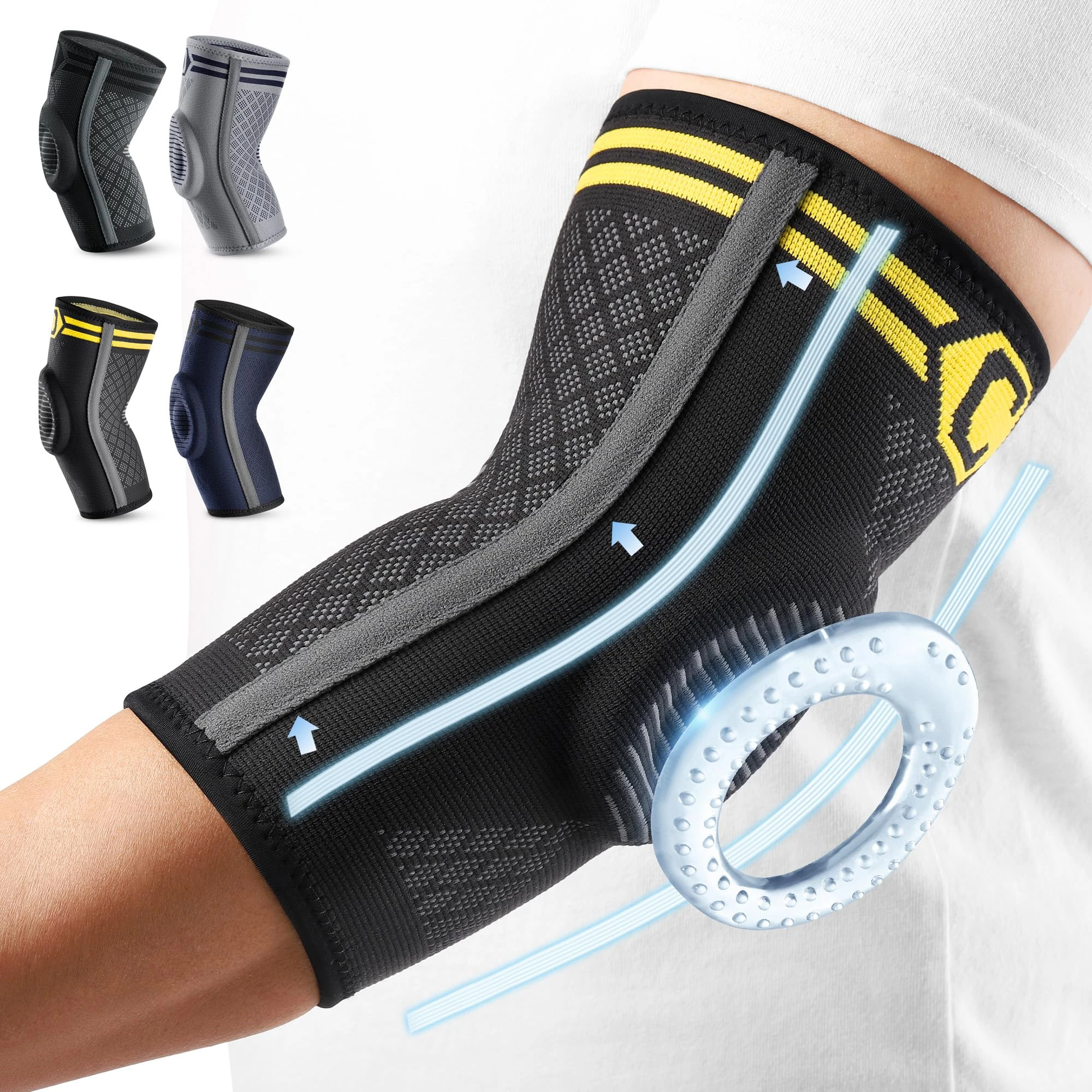CAMBIVO Elbow Support for Men&Women 2 Pack, Upgraded Tennis Elbow Support Arm Sleeves with Gel Pad and Dual Stabilizers, Elbow Brace for Tennis/Golfer, Weightlifting, Tendonitis (Black/Yellow, XL)