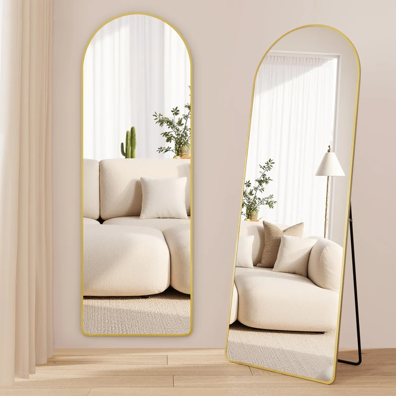 SONGMICS Full Length Mirror, Arched Full Body Floor Mirror with Stand, Aluminium Alloy Frame, Tempered Glass, for Bedroom, Living Room, Cloakroom, Rounded Corner, 160 x 50 cm, Pale Gold LFM051AB01 - Image 1