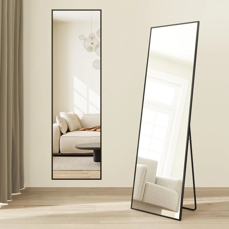 SONGMICS Full Length Mirror, Rectangle Full Body Floor Mirror with Stand, Aluminium Alloy Frame, Tempered Glass, for Bedroom, Living Room, Cloakroom, Square Corner, 150 x 40 cm, Matte Black LFM054BD01