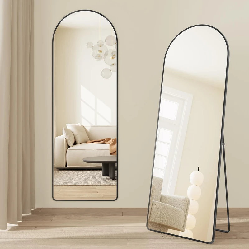 SONGMICS Full Length Mirror, Arched Full Body Floor Mirror with Stand, Aluminium Alloy Frame, Tempered Glass, for Bedroom, Living Room, Cloakroom, Rounded Corner, 160 x 50 cm, Matte Black LFM051BD01