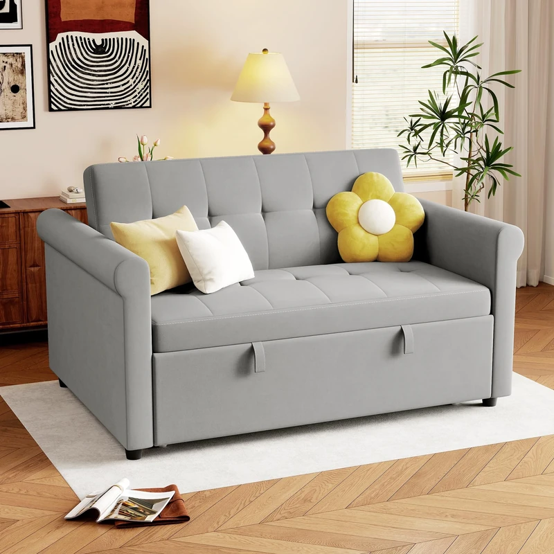 HOMCOM 2 Seater Sofa Bed with 7-Position Adjustable Backrest, Convertible Pull Out Sleeper Sofa, Mid-Century Modern Fabric Bed Settee for Living Room, Guest Room, Grey