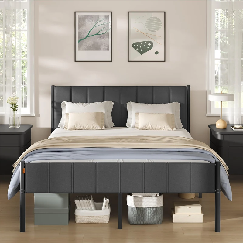 VASAGLE King Bed Frame, 150 x 190 cm, with Upholstered Headboard, Metal Bed Frame, 500 kg Weight Capacity, Easy Assembly, Slate Grey RMB977GN01