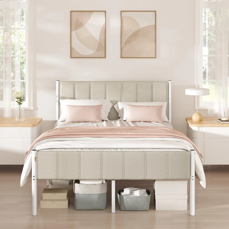 VASAGLE Double Bed Frame, 135 x 190 cm, with Upholstered Headboard, Metal Bed Frame, 500 kg Weight Capacity, Easy Assembly, Cappuccino Beige RMB976LH01