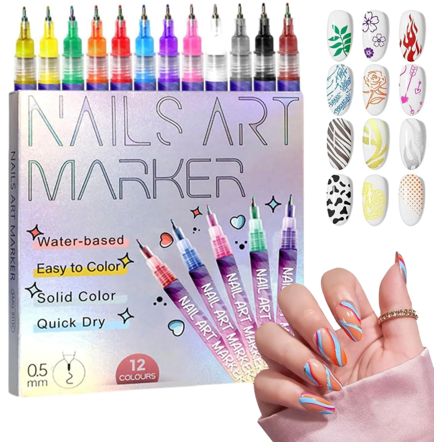 Nail Art Pens, Set of 12 Colours 0.5MM Nail Art Markers, Quick-Dry Gel Nail Markers, 3D Polish Pens for Graffiti, Dotting, Liner & Painting, DIY Nails Art Tool (1 Set)