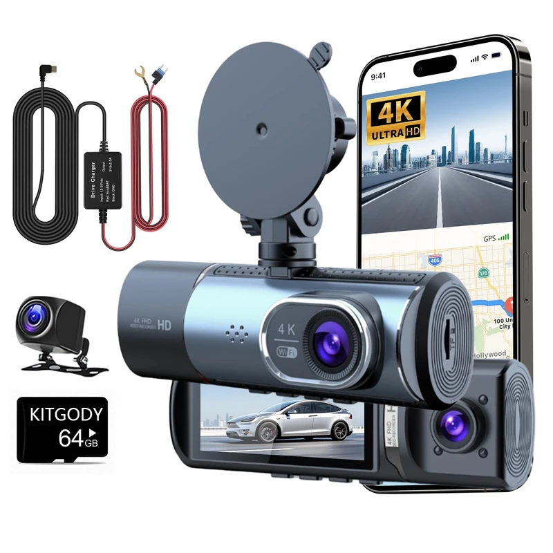 KitGody Dash Cam Front and Rear 3 Channel 4K+1080P, Built-in 5GHz WiFi & GPS, 3.16" Screen, 64GB Card & Hardwire Kit, Night Vision, 24H Parking Mode