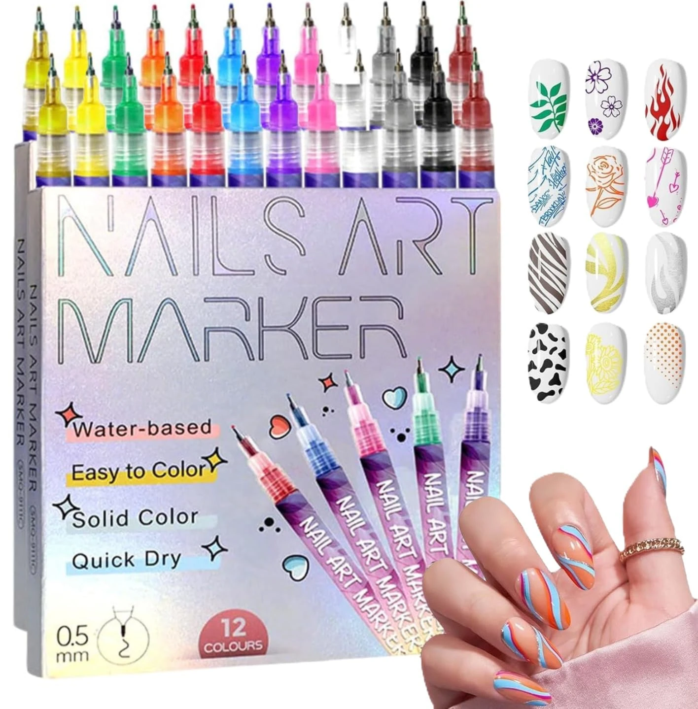 Nail Art Pens, Set of 12 Colours 0.5MM Nail Art Markers, Quick-Dry Gel Nail Markers, 3D Polish Pens for Graffiti, Dotting, Liner & Painting, DIY Nails Art Tool (Set of 2)