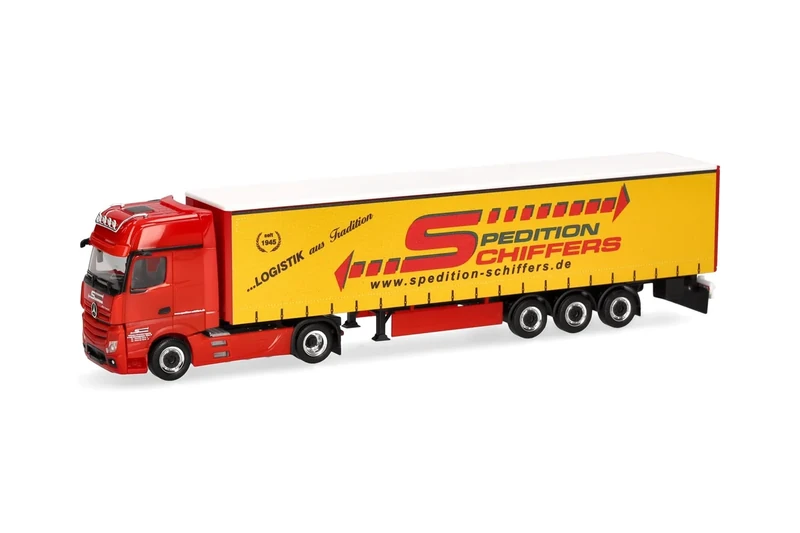 Herpa Truck model Mercedes-Benz Actros Gigaspace curtain side semitrailer "Spedition Schiffers", miniature scale 1:87, collectible, Made in Germany, plastic