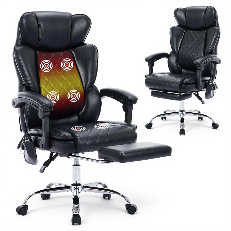 COLAMY Massage Office Chair with Footrest & Heated Lumbar Support – Ergonomic Executive Desk Chair with Reclining Back, Adjustable Height, Swivel & Padded Armrests for Home Office