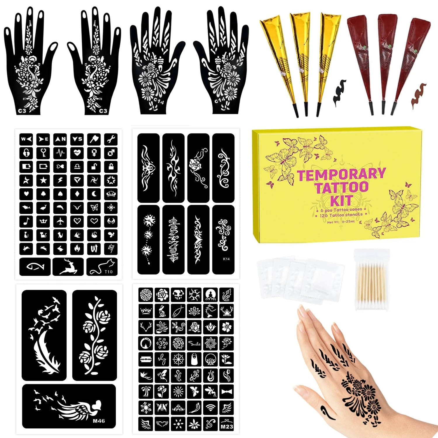 126 PCS Temporary Henna Tattoo Kit – 6 Mehndi Cones (Black & Brown), Henna Stencils with Gloves, DIY Body Art Kit for Adults Kids Henna Tattoo,henna tattoo ink,henna cone,henna tattoo,mehndi stencils