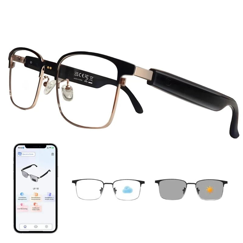 AI Translation Glasses Powered by Chat GPT, Bluetooth 5.3 Smart Glasses for Women Men, Photochromic Lenses, Real-Time Translation in 160+ Languages via APP, AI Glasses for Indoor Outdoor (Gold)