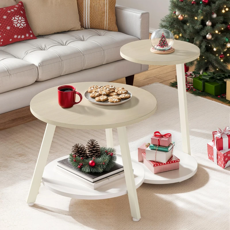 YITAHOME Round Coffee Tables, Set of 2 Nesting Tables with Storage Space and Unified Style Design, Small Coffee Tables for Living Room, Side Table for Sofa Bedroom, Oak and White