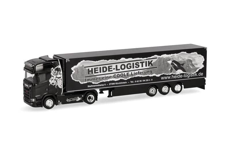 Herpa Truck model Scania CS 20 HD refrigerated semitrailer "Heide Logistik", miniature scale 1:87, collectible, Made in Germany, plastic