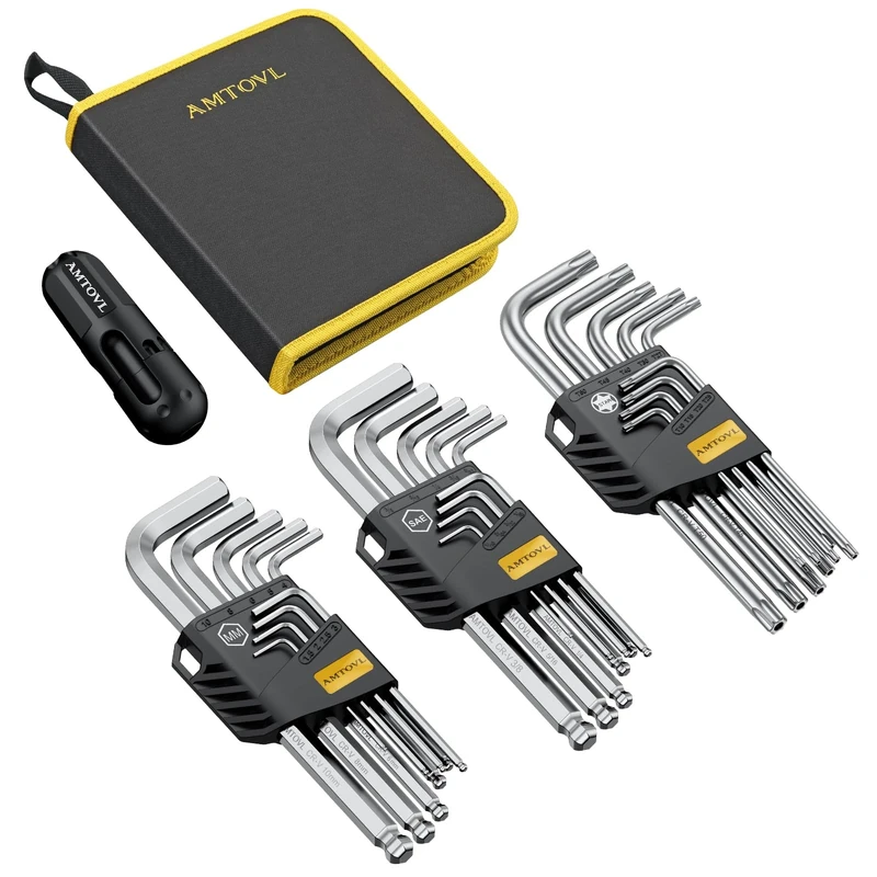 AMTOVL Hex Keys Set, 27PCS Allen Key Set & Star Key Set, Metric Imperial Extra Long Ball End Hex Key Set with Color Coding with T-Handle (Silver - 27PCS Allen Wrenches Sets)