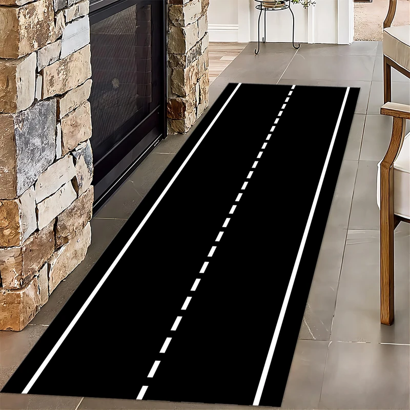 SMXVRC Black White Railroad Road Long Hallway Rug Runners, 60x240cm, Racing Track Kids Playing Rugs, Home Decor Shed Resistant Easy Clean Rugs, Washable Durable Non Slip Mat for Nursery