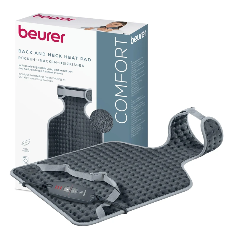 Beurer HK 64 Grey Heat Pad for Back and Neck, Heat Pad with Quick Heating and Automatic Shut-Off in Body-Tuned Shape, 3 Temperature Settings, Washable with Waist Belt