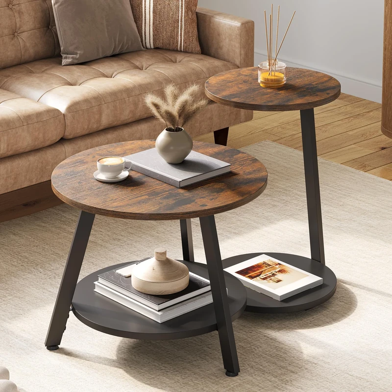 YITAHOME Round Coffee Tables, Set of 2 Nesting Tables with Storage Space and Unified Style Design, Small Coffee Tables for Living Room, Side Table for Sofa Bedroom, Rustic Brown