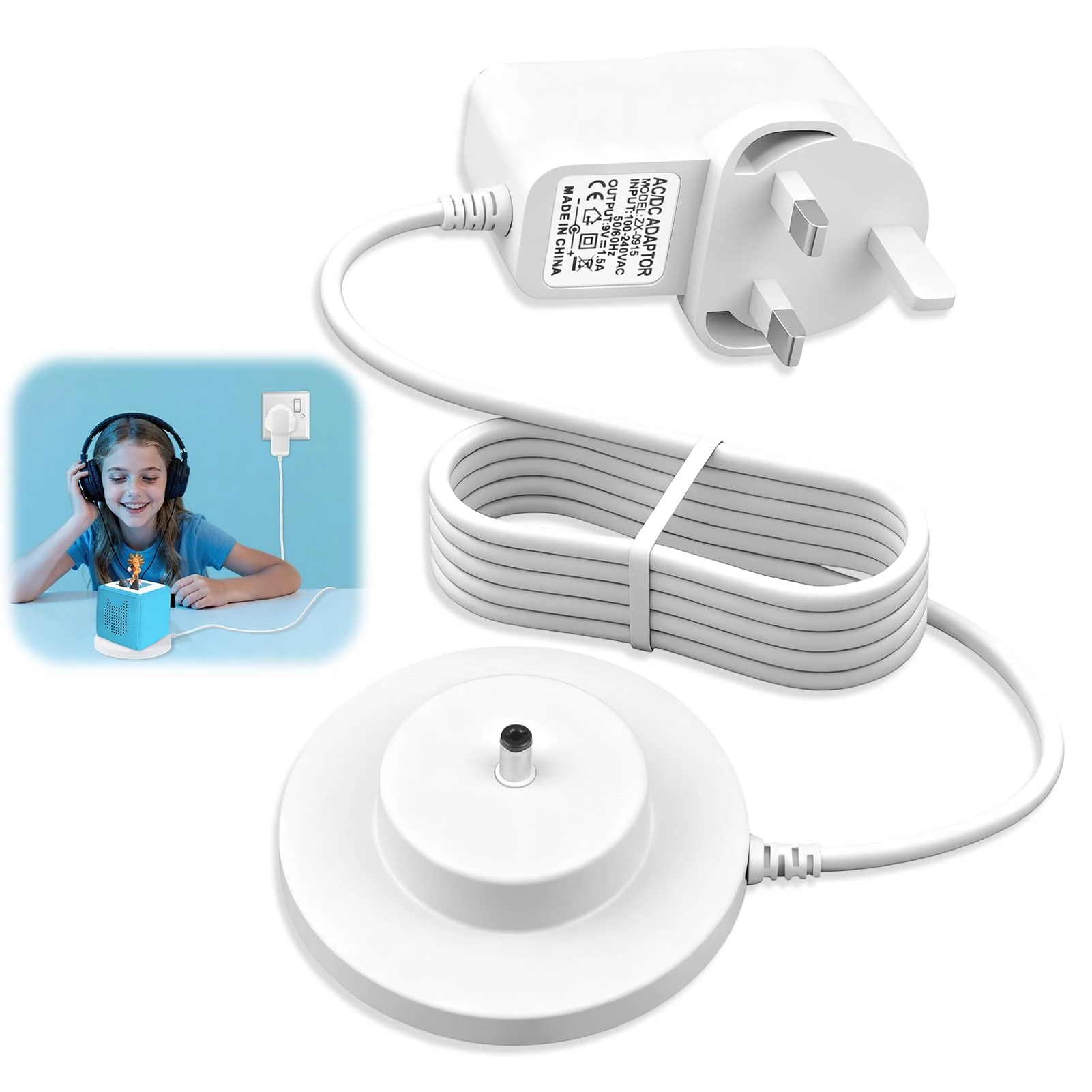 Charger for TonieBox Audio Player Base Station, Compatible with Tonie Box Replacement Power Cord, 9V 1.5A Adapter with 1.8m Cable, Safe Toniebox Charger Dock with Overload Protection